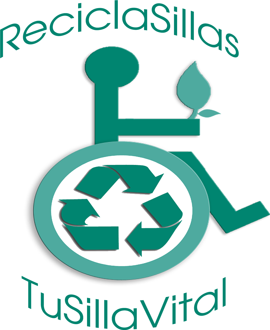 Dibujo de una silla de ruedas con el texto: ReciclaSillas. TuSillaVital