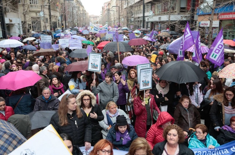 Grupo de mujeres participando en la manifestación. Entre ellas se puede ver a algunas que portan el cartel de ASPAYM Granada.